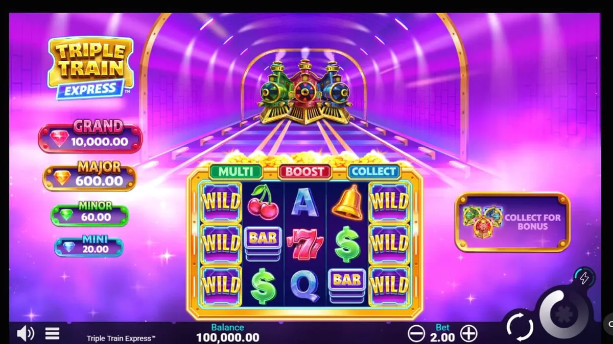 Tampilan visual futuristik dari slot Triple Train Express dengan tema kereta neon